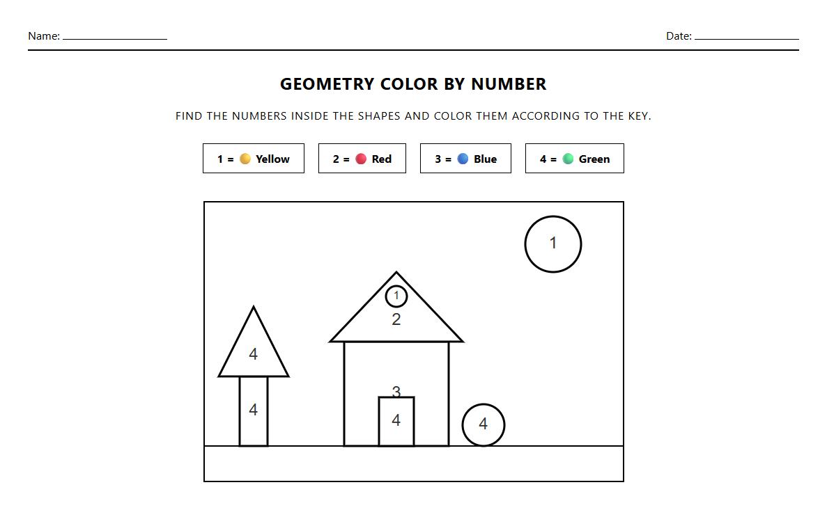 Early Geometry Skills Color by Number Exercise