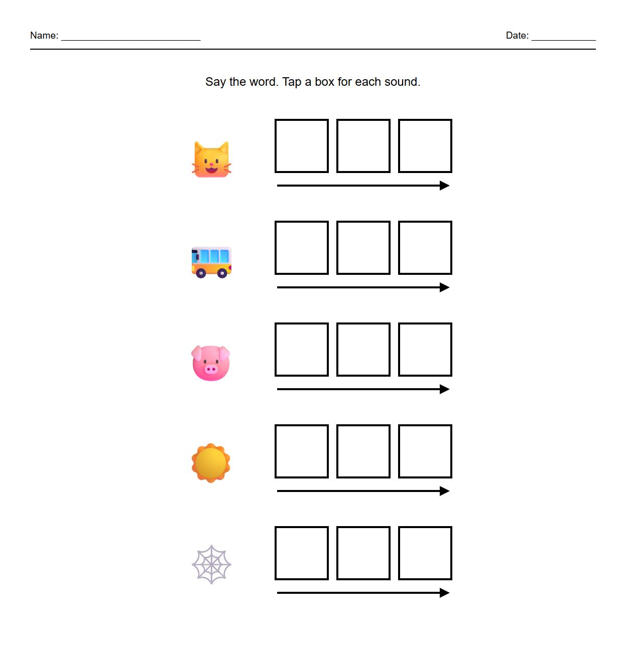 Elkonin box exercises for CVC phoneme blending