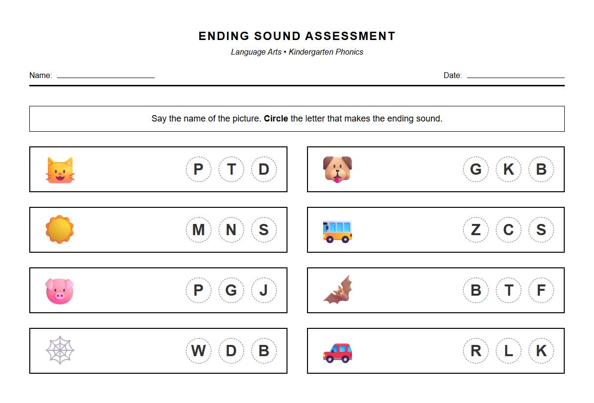 Ending Sound Phonics Assessment Sheet