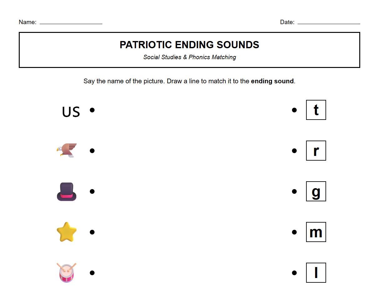 Ending Sound Phonics and Patriotic Holiday Symbols Matching