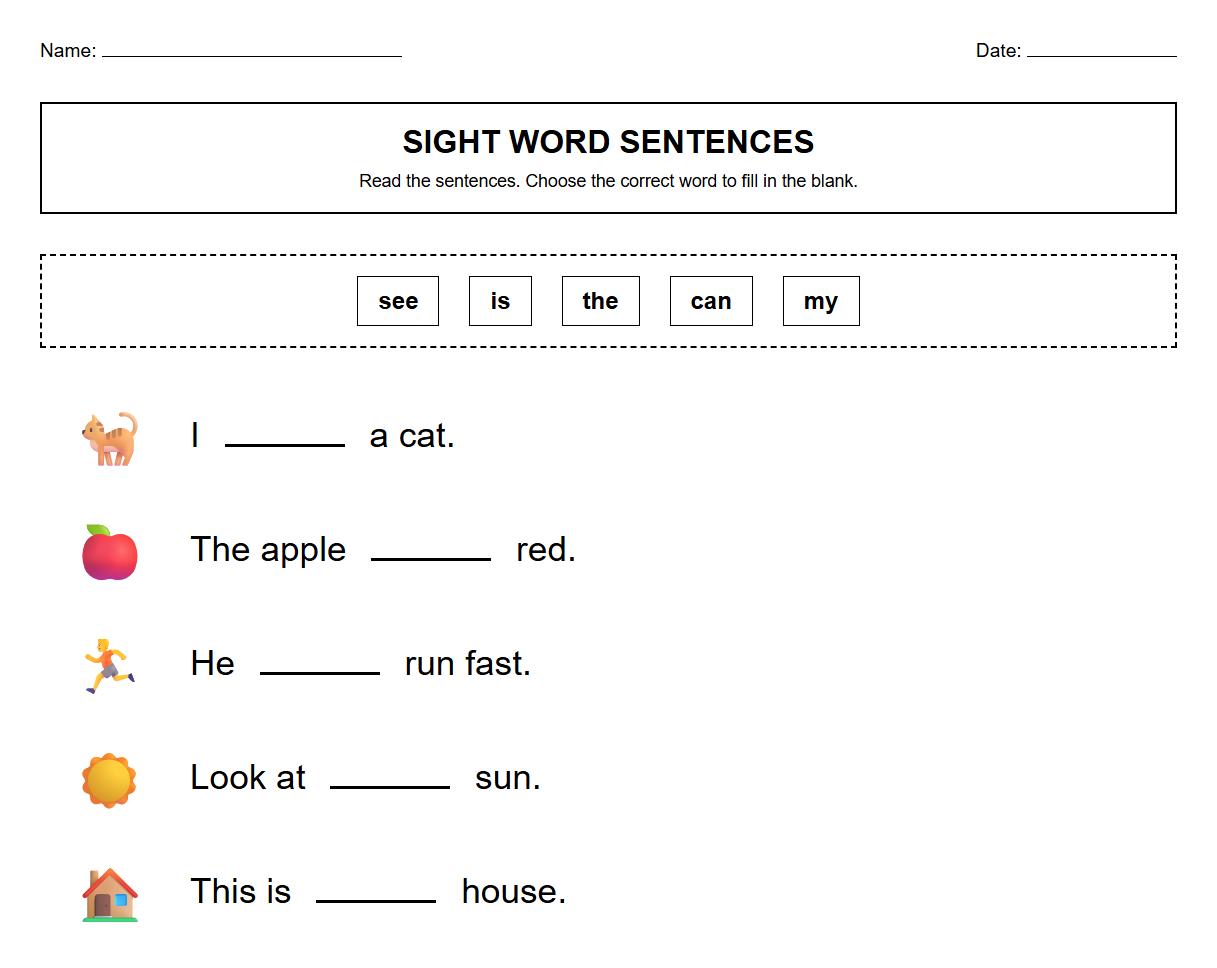 Fill in the Blank Sight Words Sentence Worksheet