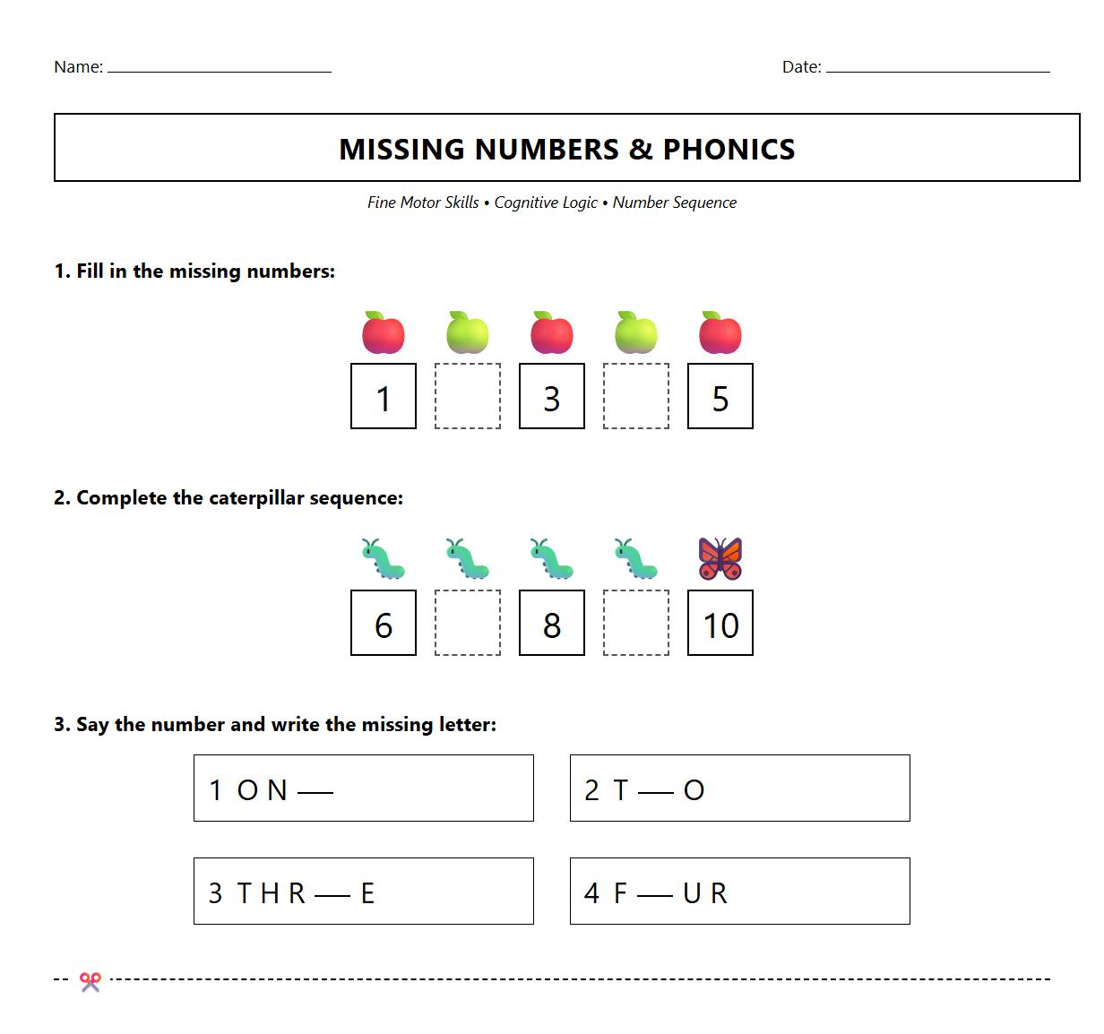 Fill in the Missing Numbers Phonics Worksheet
