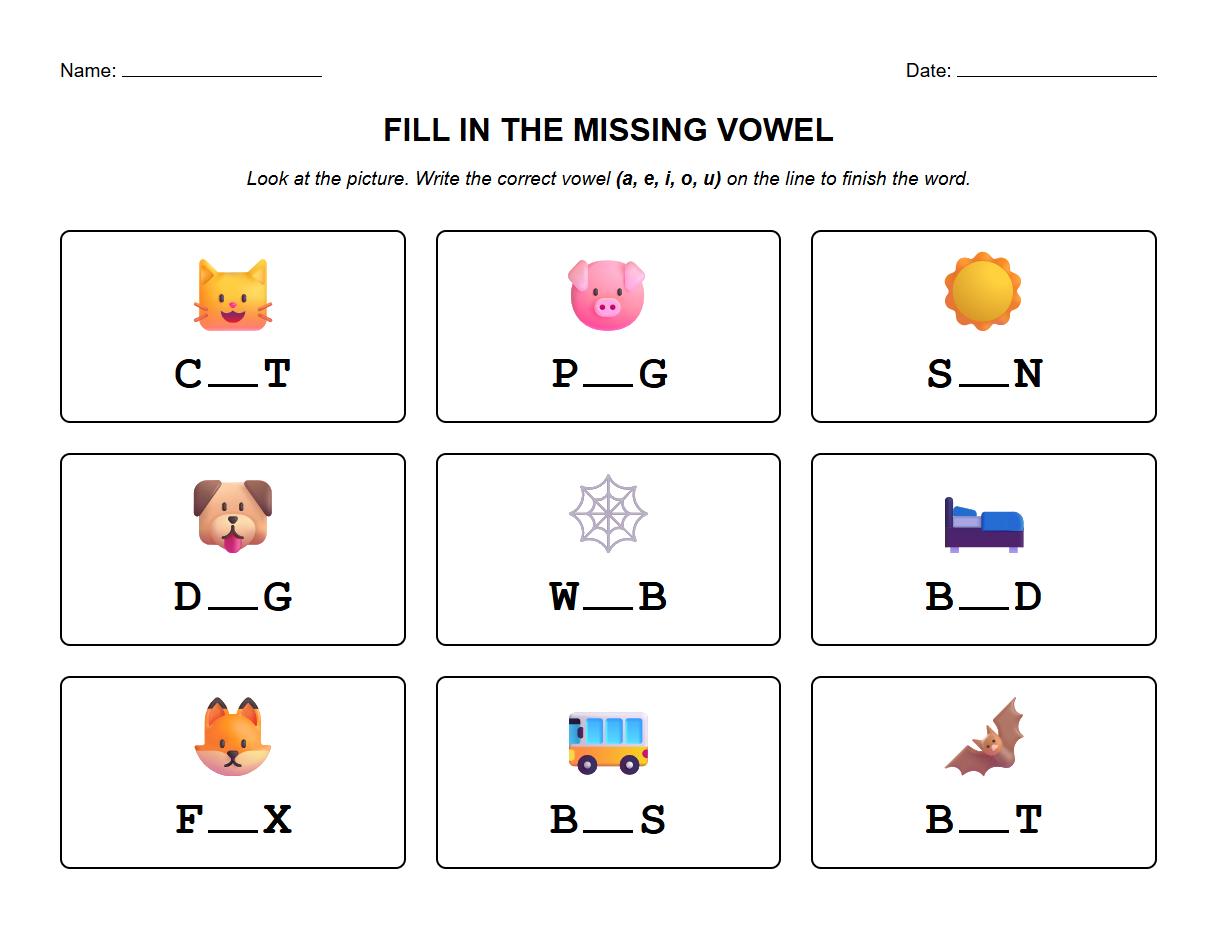 Fill in the Missing Vowel CVC Worksheet