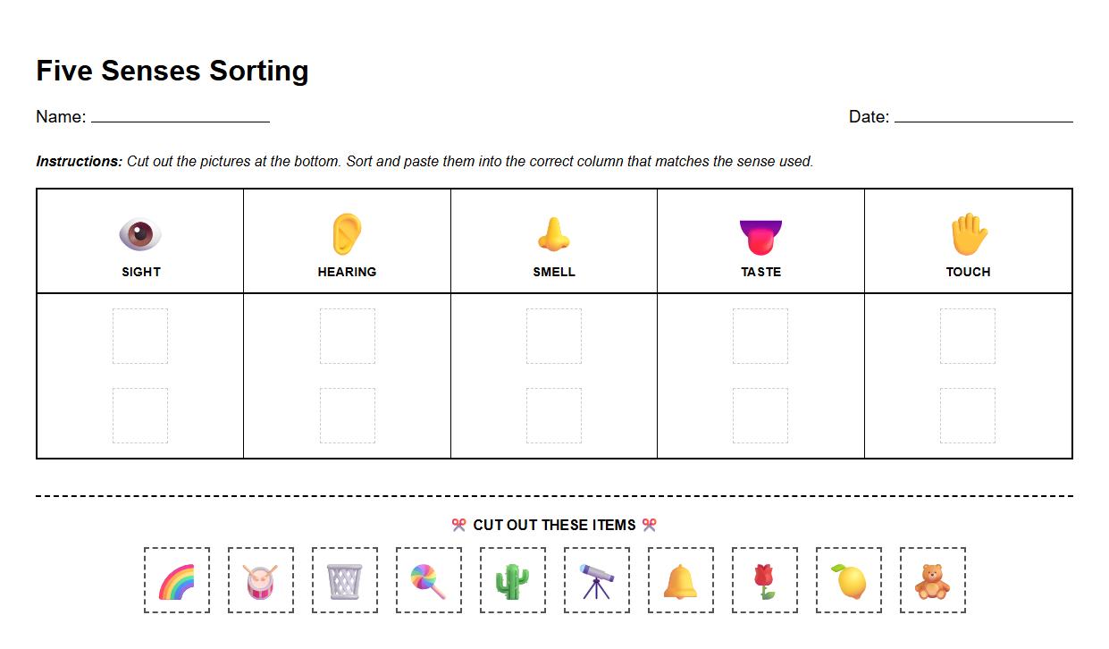 Five Senses Sorting Activity Worksheet with Visual Cues