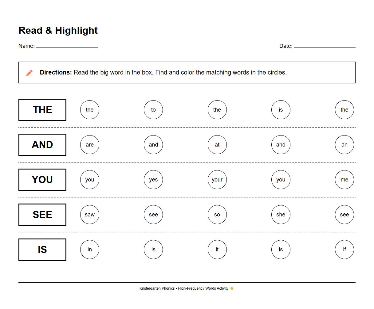 High-Frequency Words Read and Highlight Phonics Worksheet