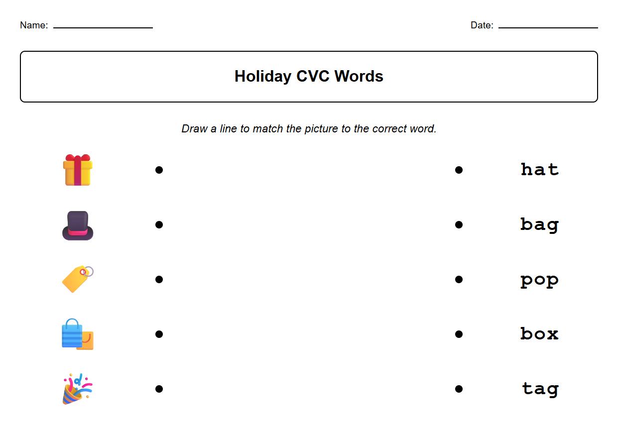 Holiday Vocabulary CVC Word and Picture Matching Worksheet