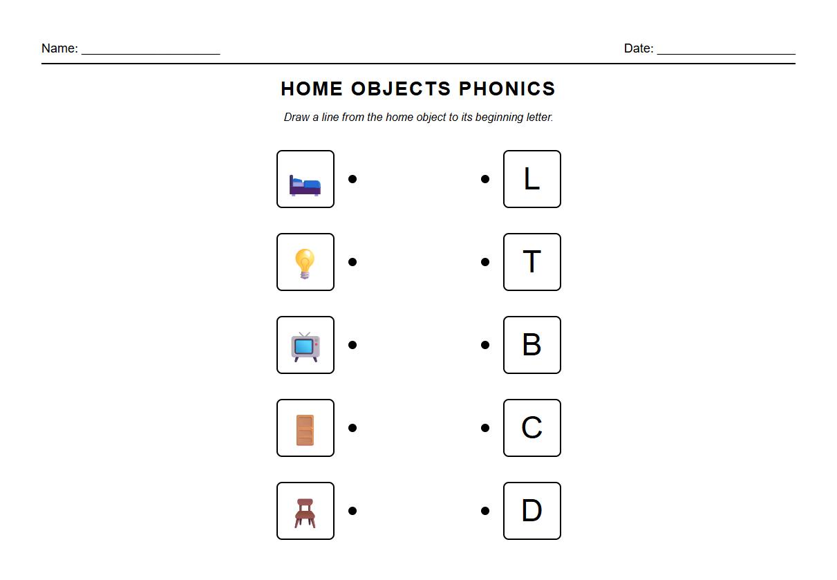 Home Objects Phonics Matching Worksheet