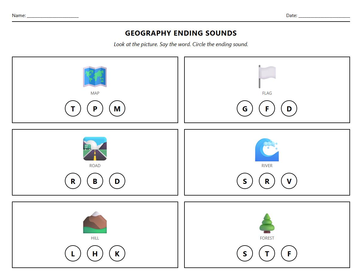 Identify and Circle Geography Words by Ending Sounds