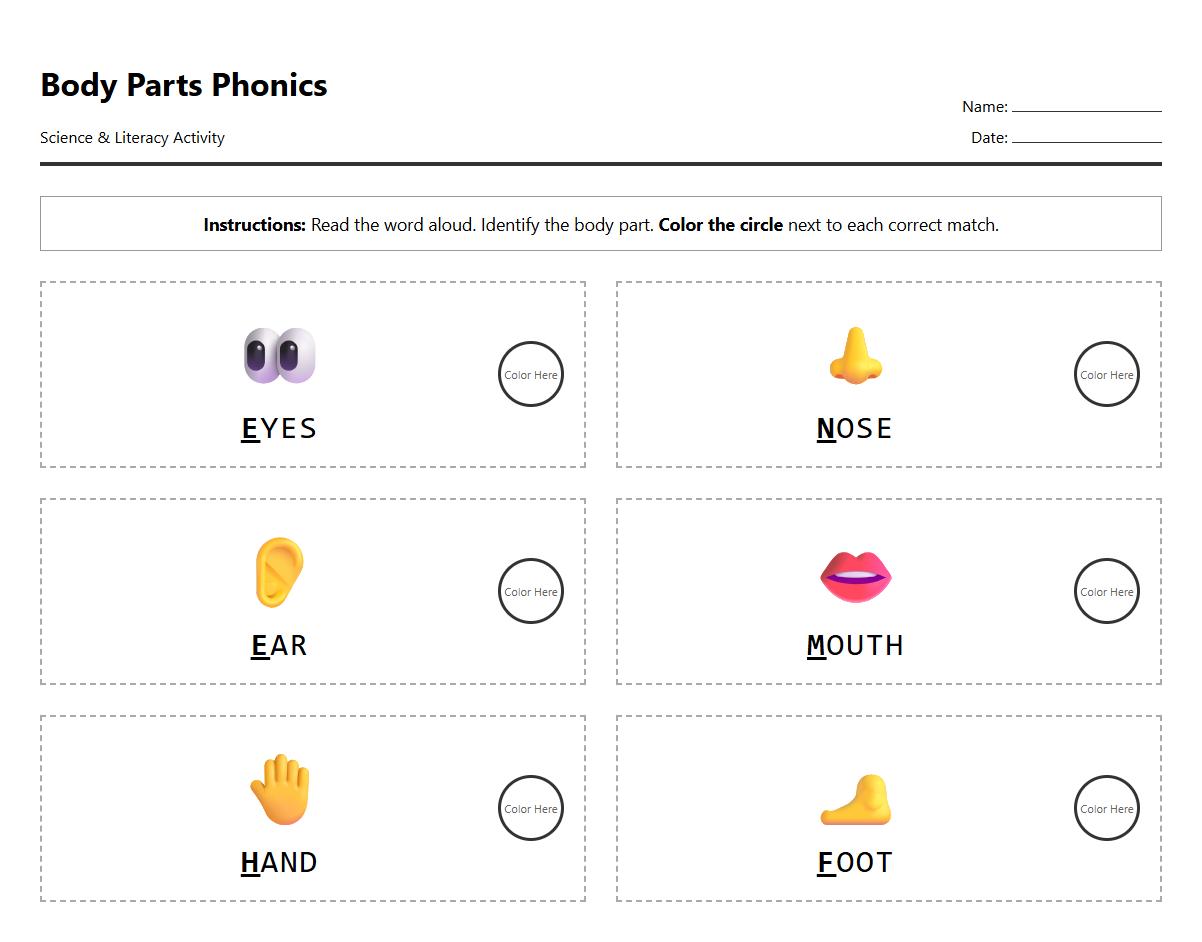 Identify and Color Body Parts Phonics Worksheet
