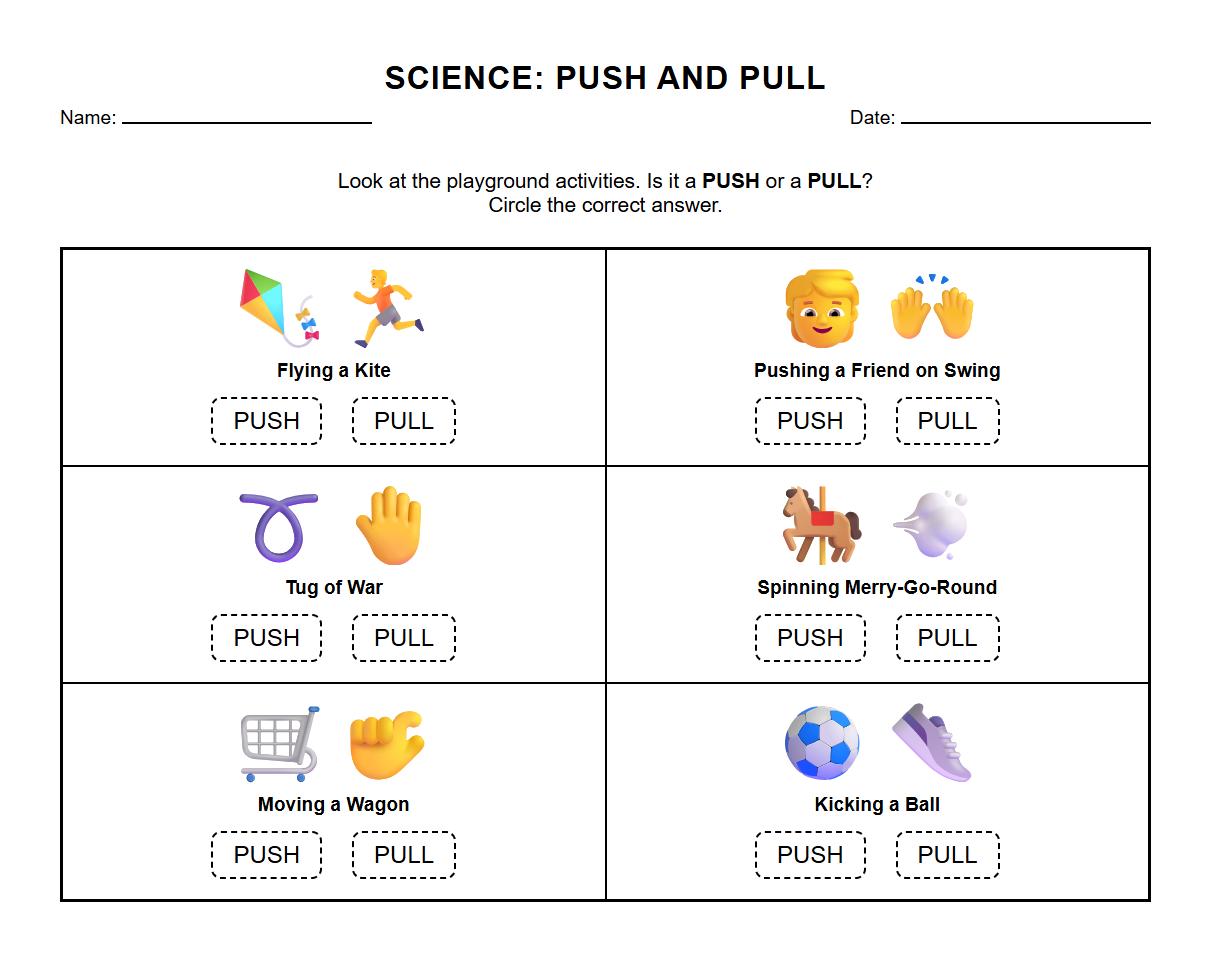 Identify Push and Pull in Playground Activities Worksheet