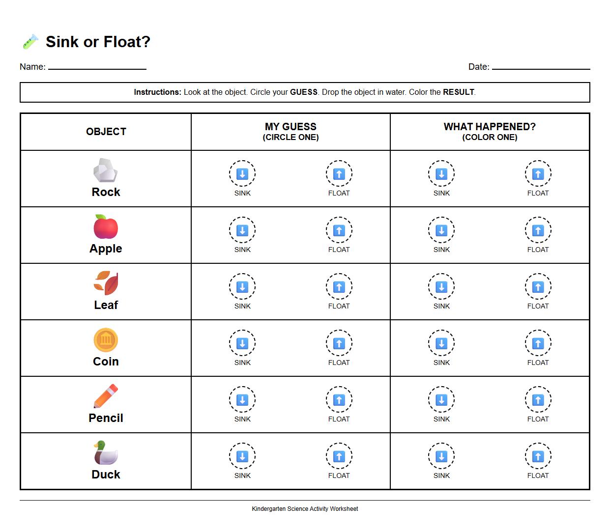 Illustrated Sink or Float Chart Worksheet for Early Learners