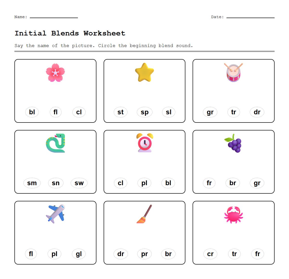 Initial Consonant Blend Identification Worksheet