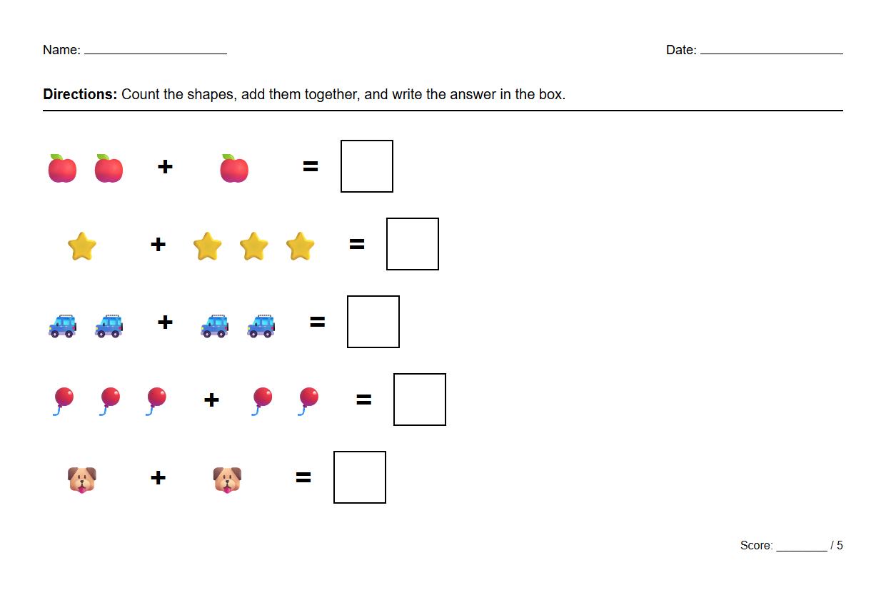 Kindergarten Addition Equation Problem Solving Worksheet
