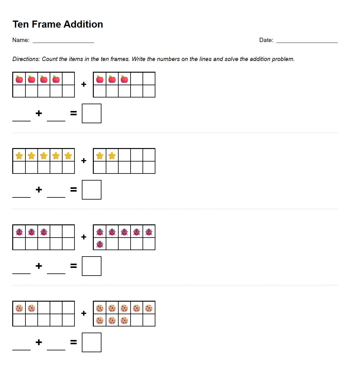 Kindergarten Addition Problem Solving using Ten Frames Worksheet