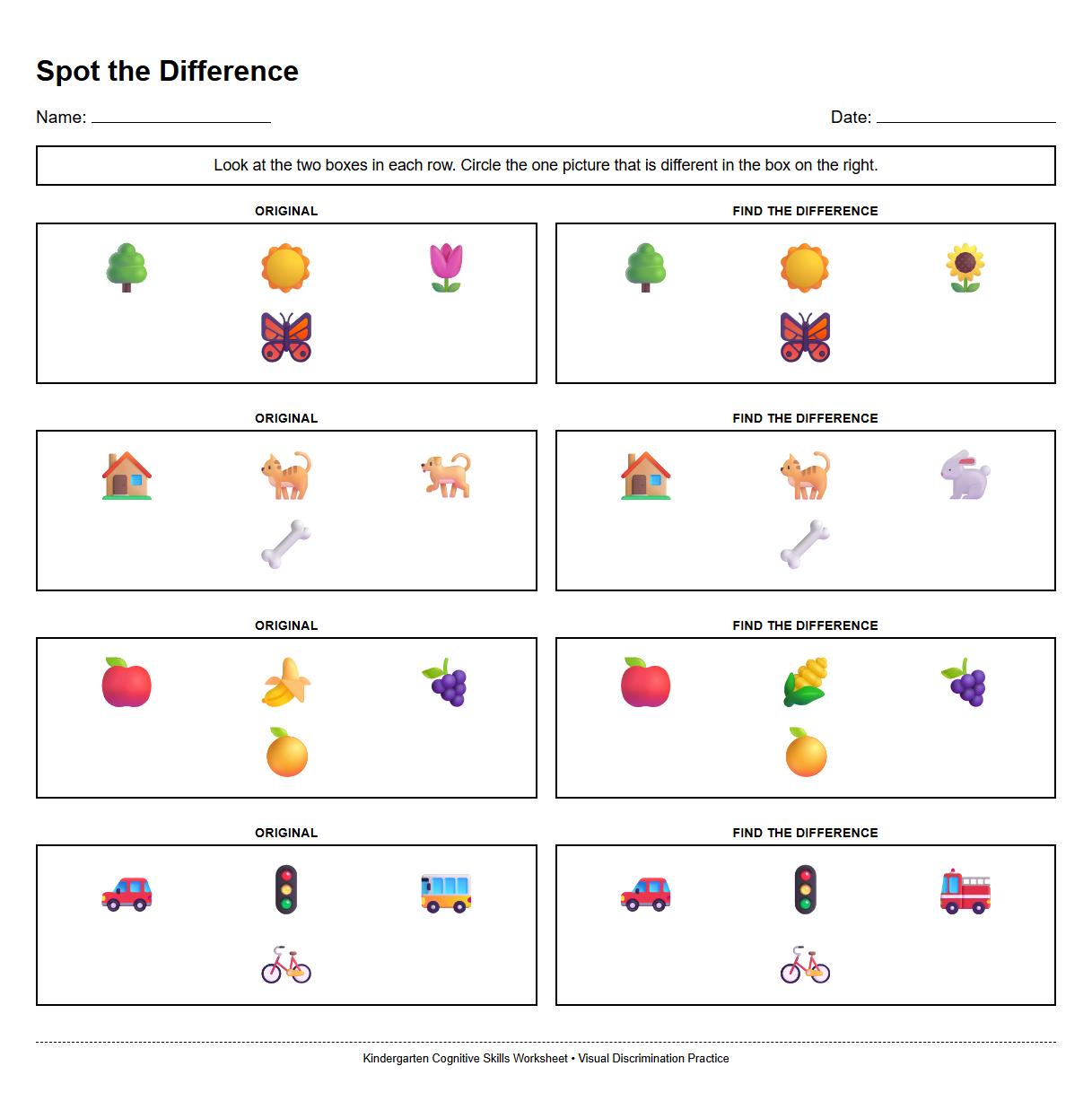 Kindergarten Cognitive Skills Spot the Difference with Everyday Scenes