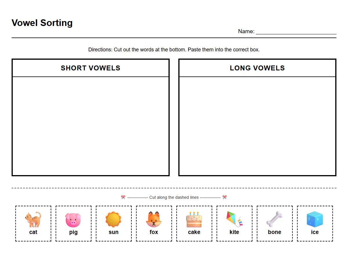 Kindergarten Phonics Worksheet for Drag and Drop Matching of Short and Long Vowel Words