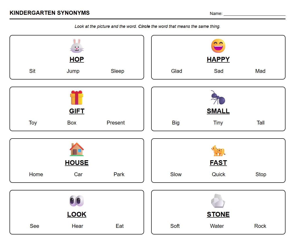 Kindergarten Phonics Worksheets: Synonyms Circle the Correct Word