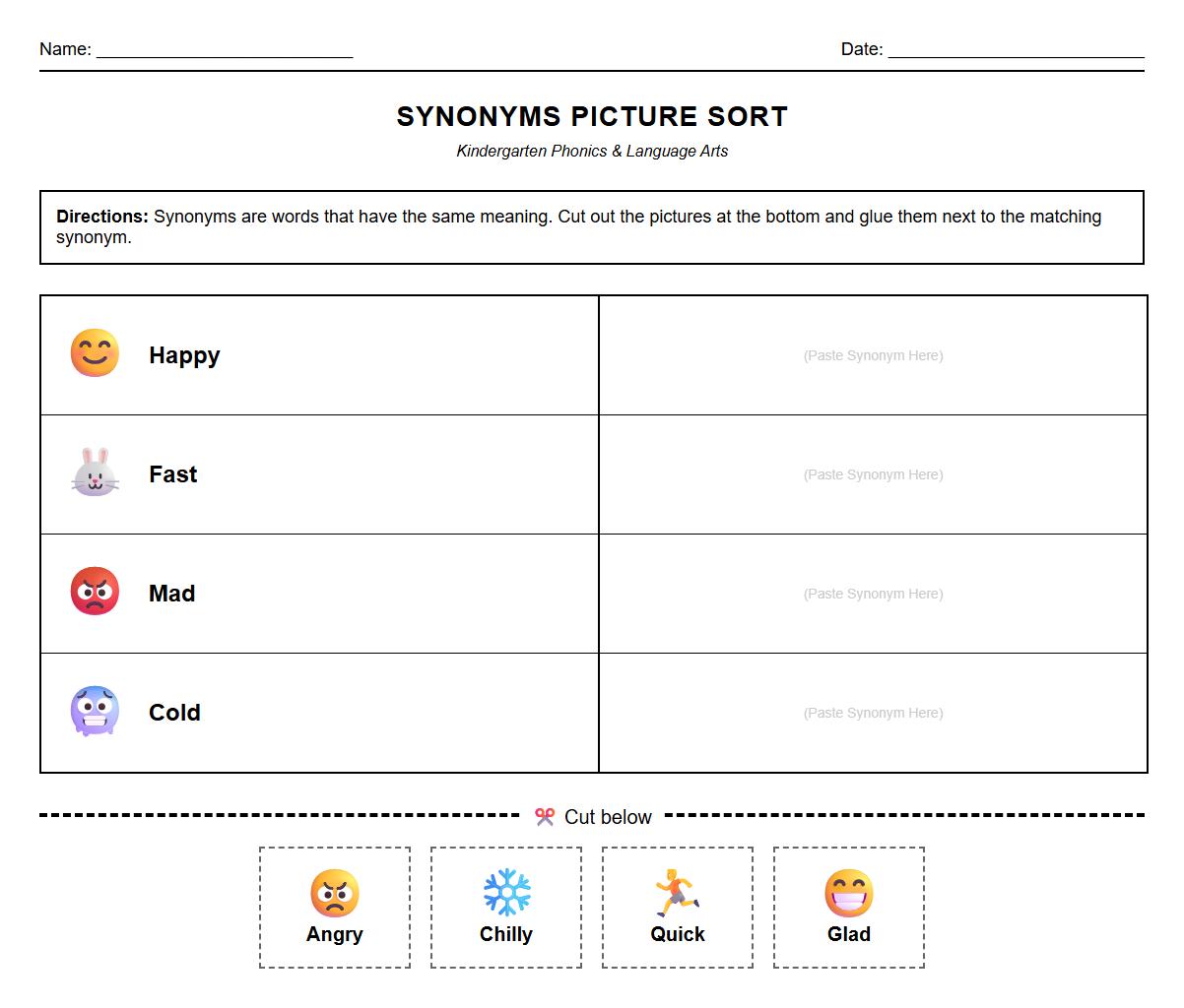 Kindergarten Phonics Worksheets: Synonyms Picture Sort
