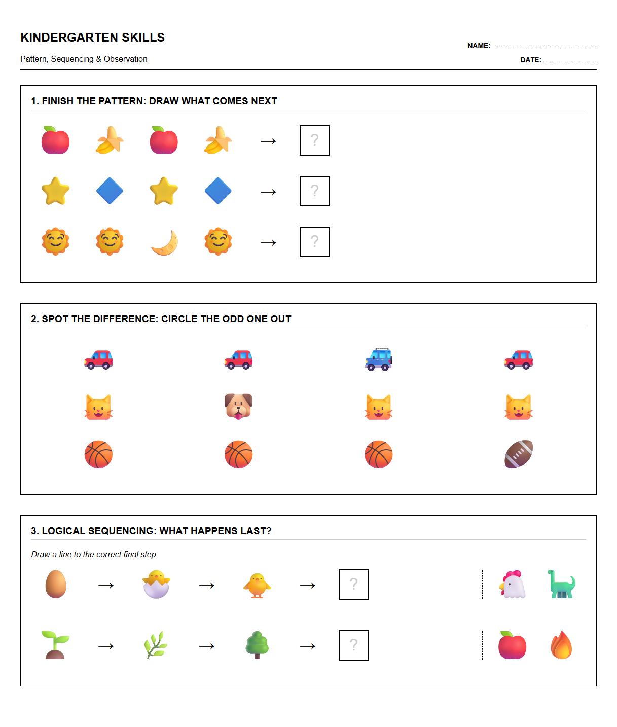 Kindergarten Spot the Difference Worksheet for Pattern Recognition and Sequencing