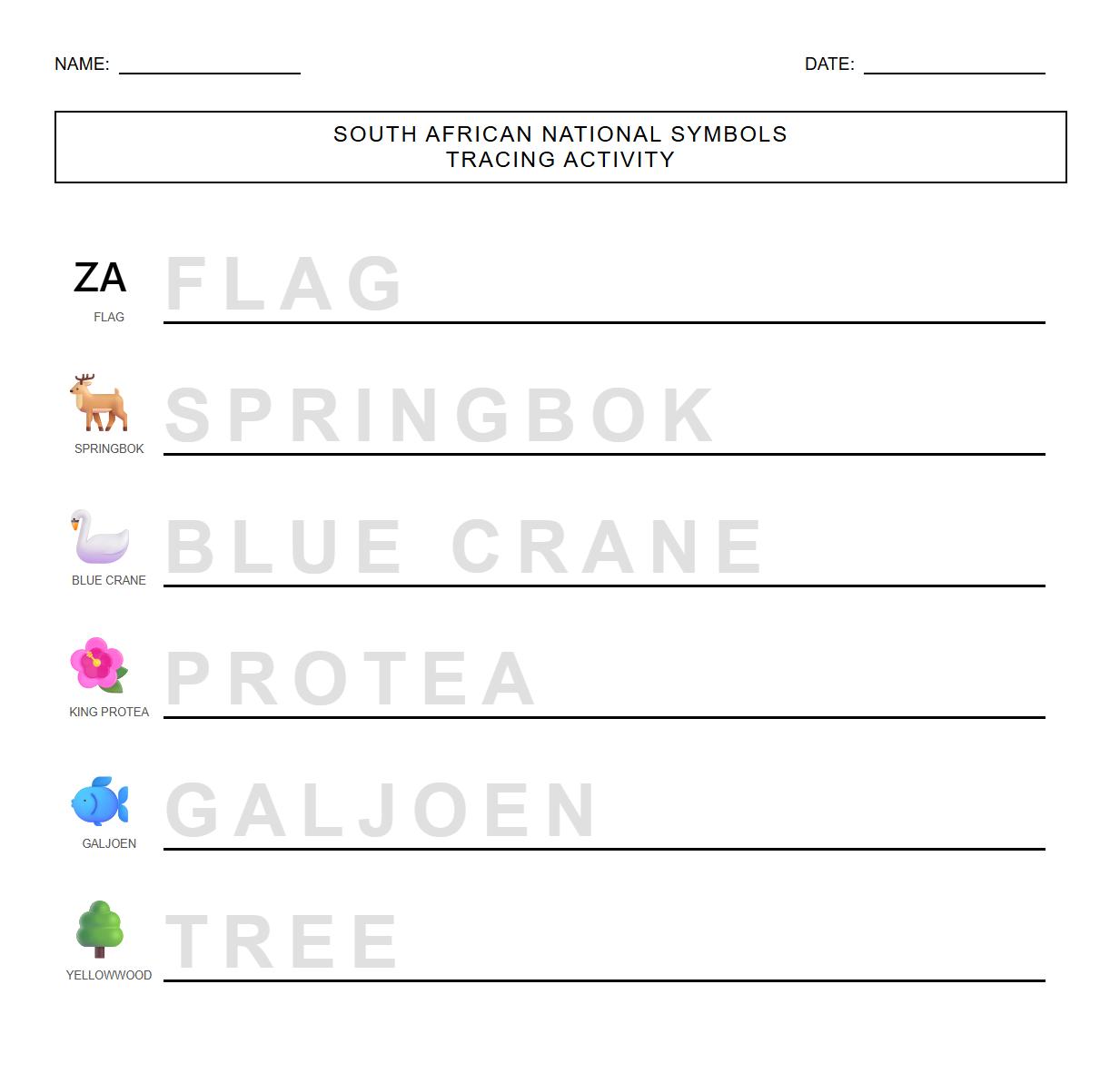 Letter formation tracing worksheet for South African National Symbols