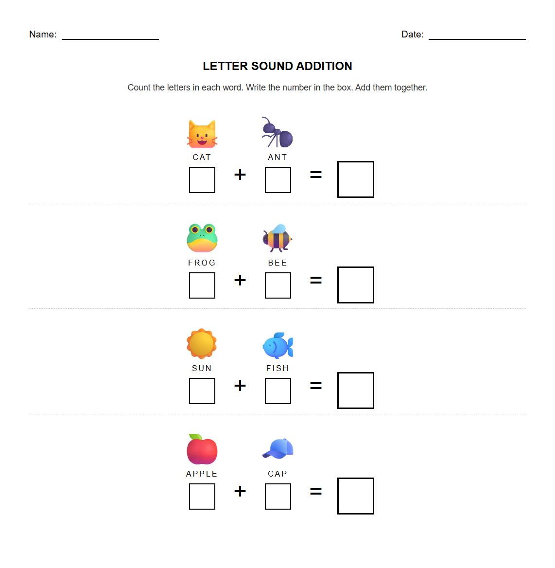 Letter Sound Counting and Addition Worksheet