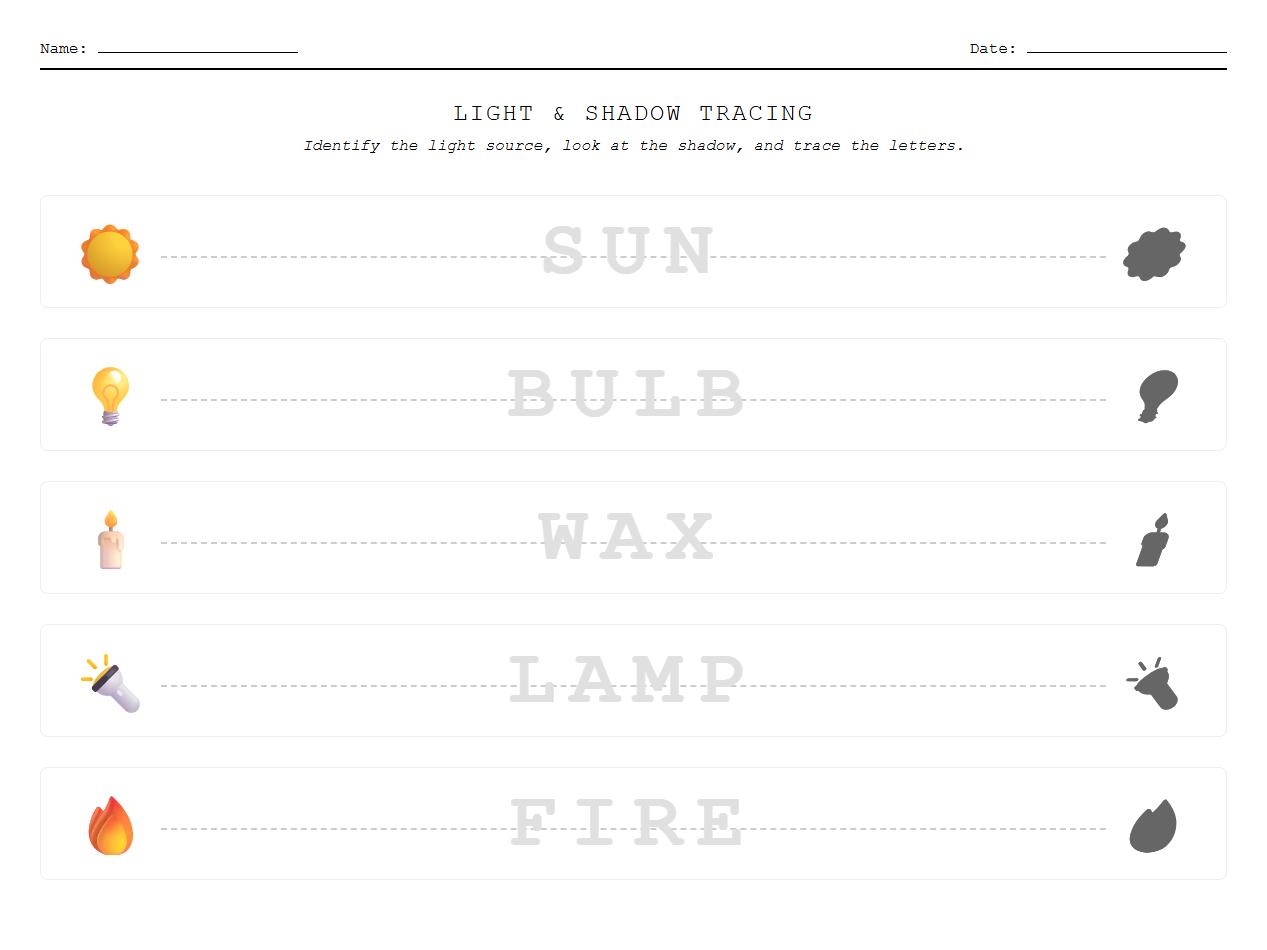 Light and Shadow Phonological Tracing Worksheet