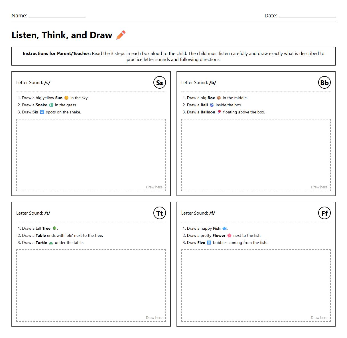Listen and Draw Following 3 Step Directions Using Letter Sounds