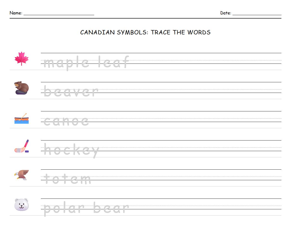 Lowercase tracing worksheet for Canadian National Symbols