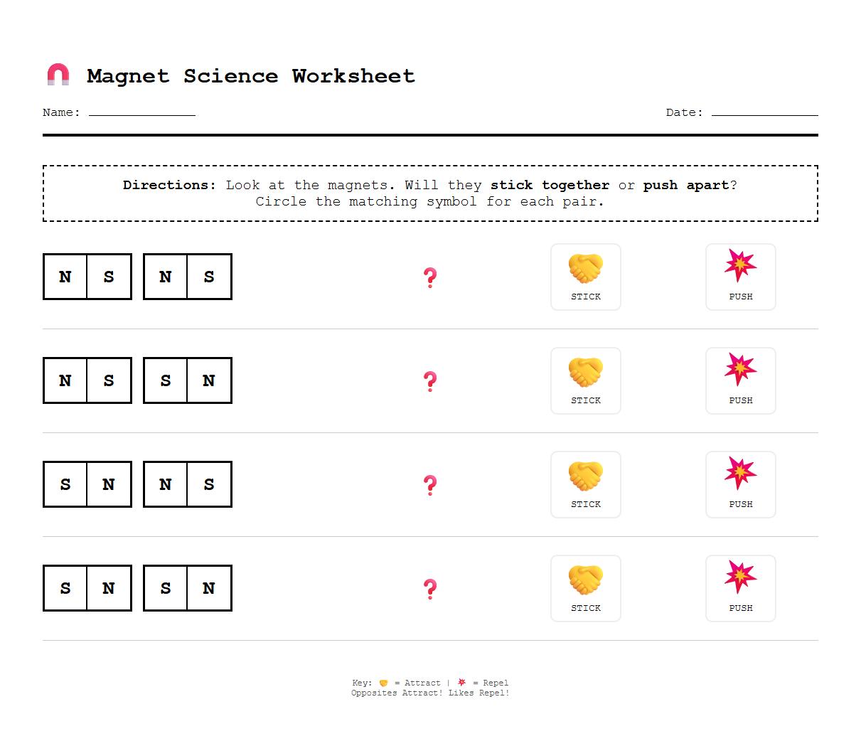 Magnet Polarity Identification Worksheet with Symbol Matching