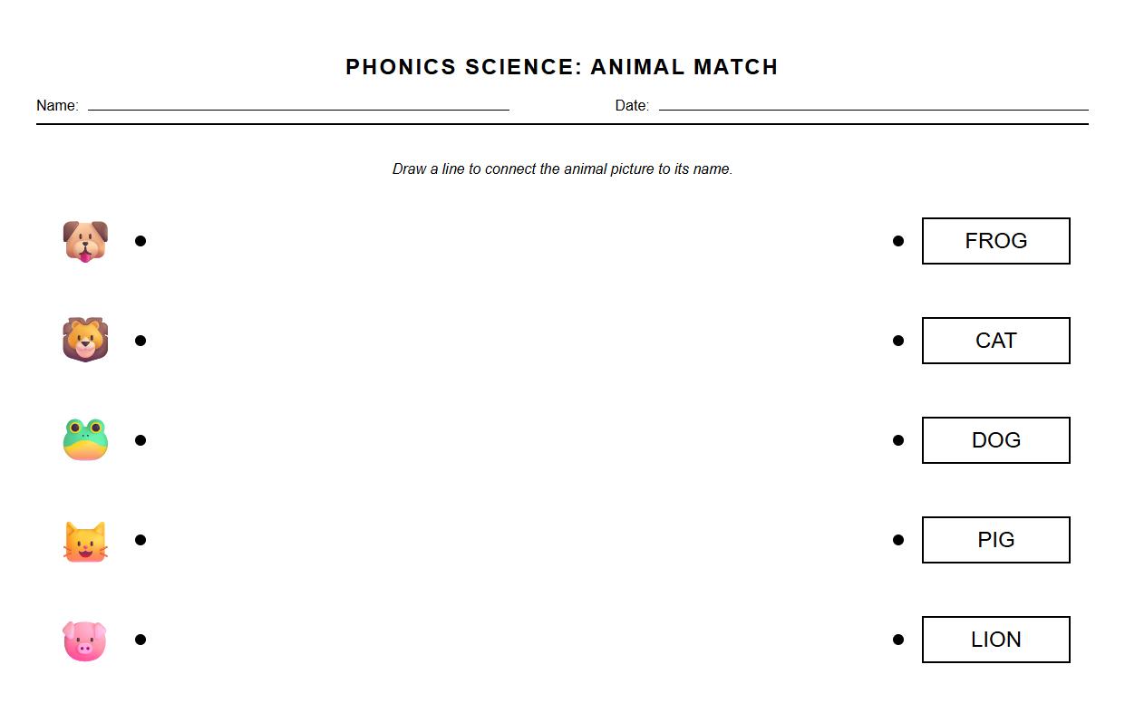 Match Animal Names to Pictures Phonics Worksheet