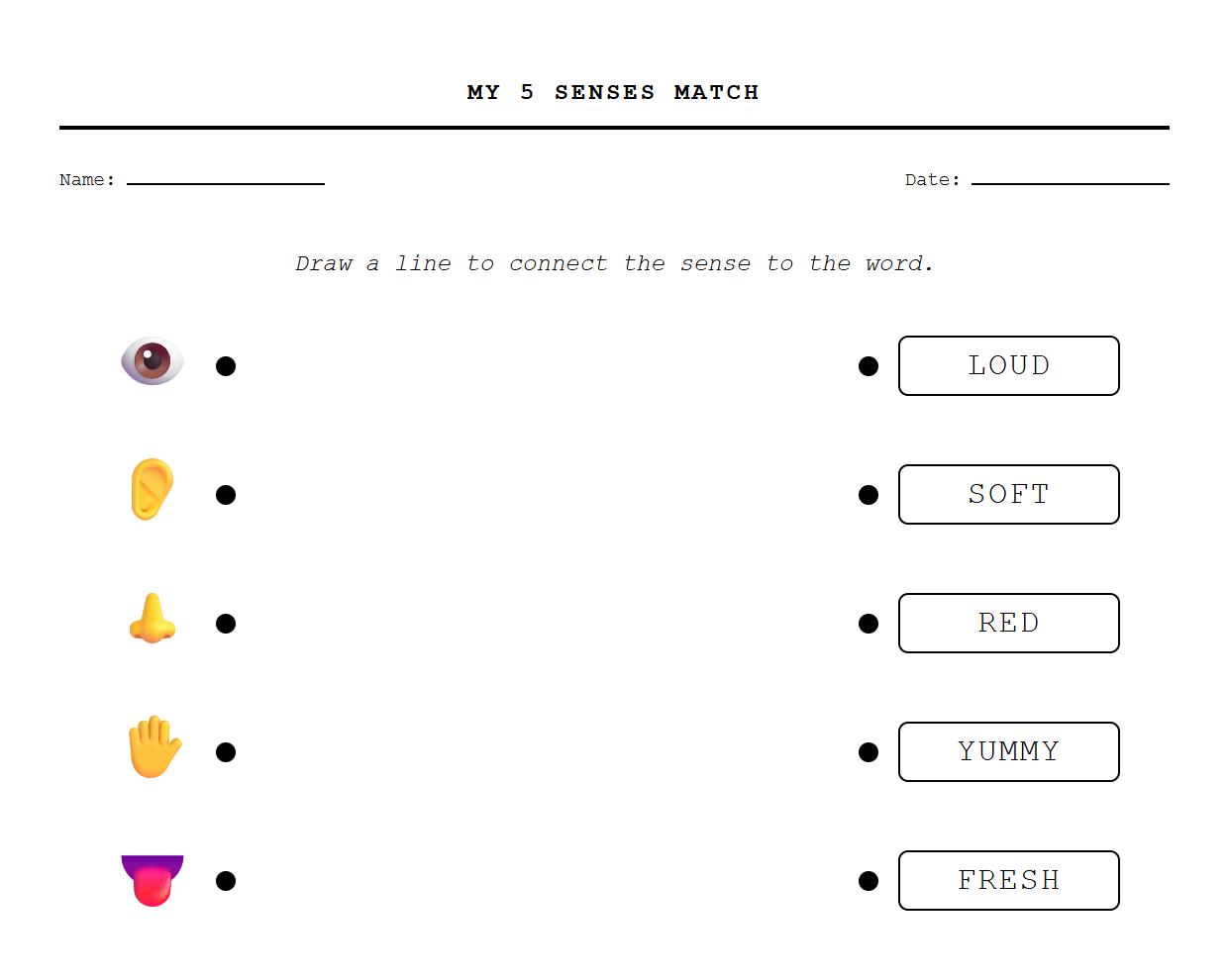 Match the Sense to the Sensory Word Phonics Worksheet