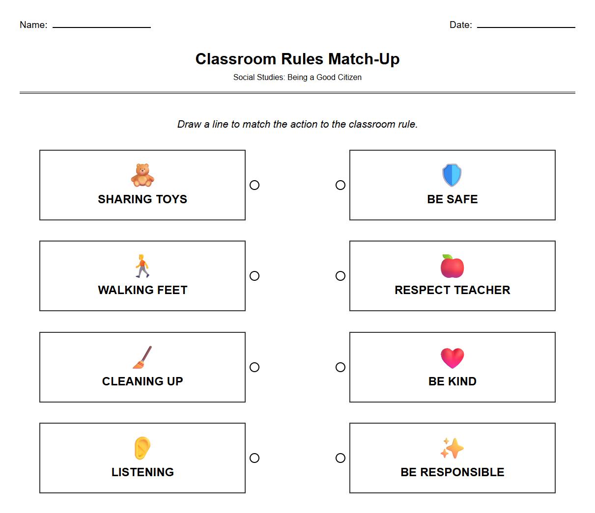 Matching activity to connect behaviors to classroom expectations