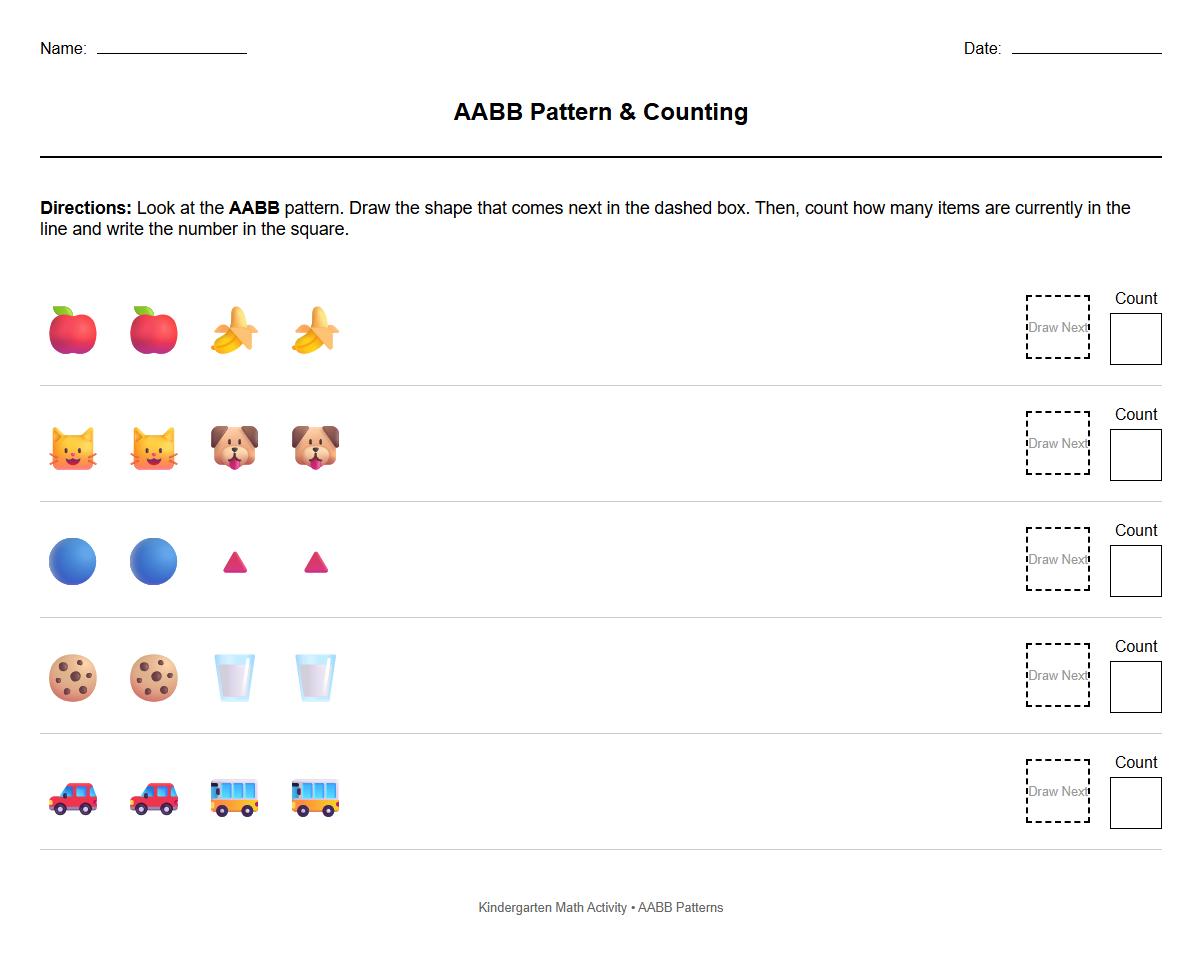 Math Counting AABB Pattern Worksheet Activity