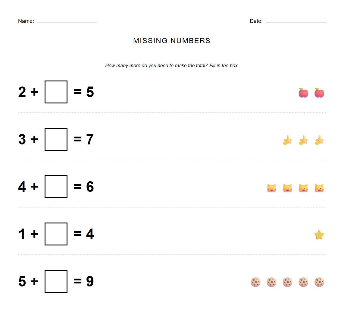 Missing Addend Worksheet for building algebraic thinking