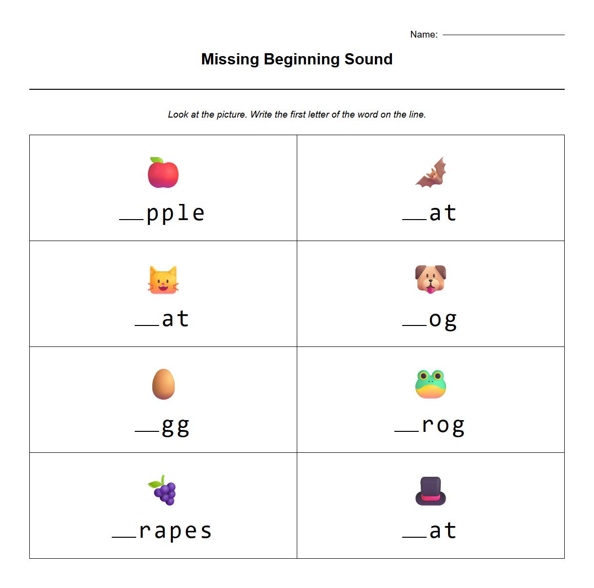 Missing Beginning Sound Worksheets