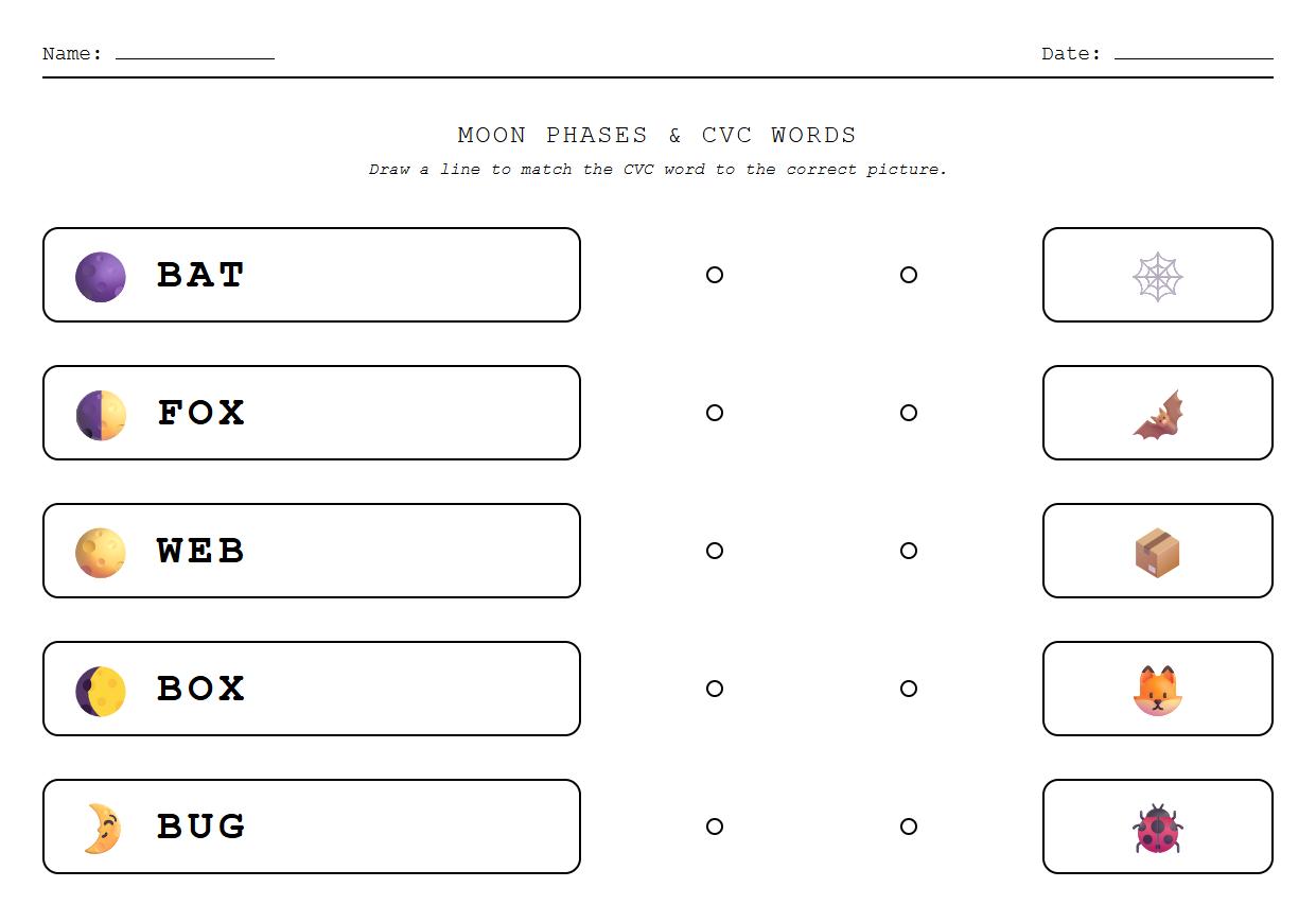 Moon Phases CVC Words Matching Activity
