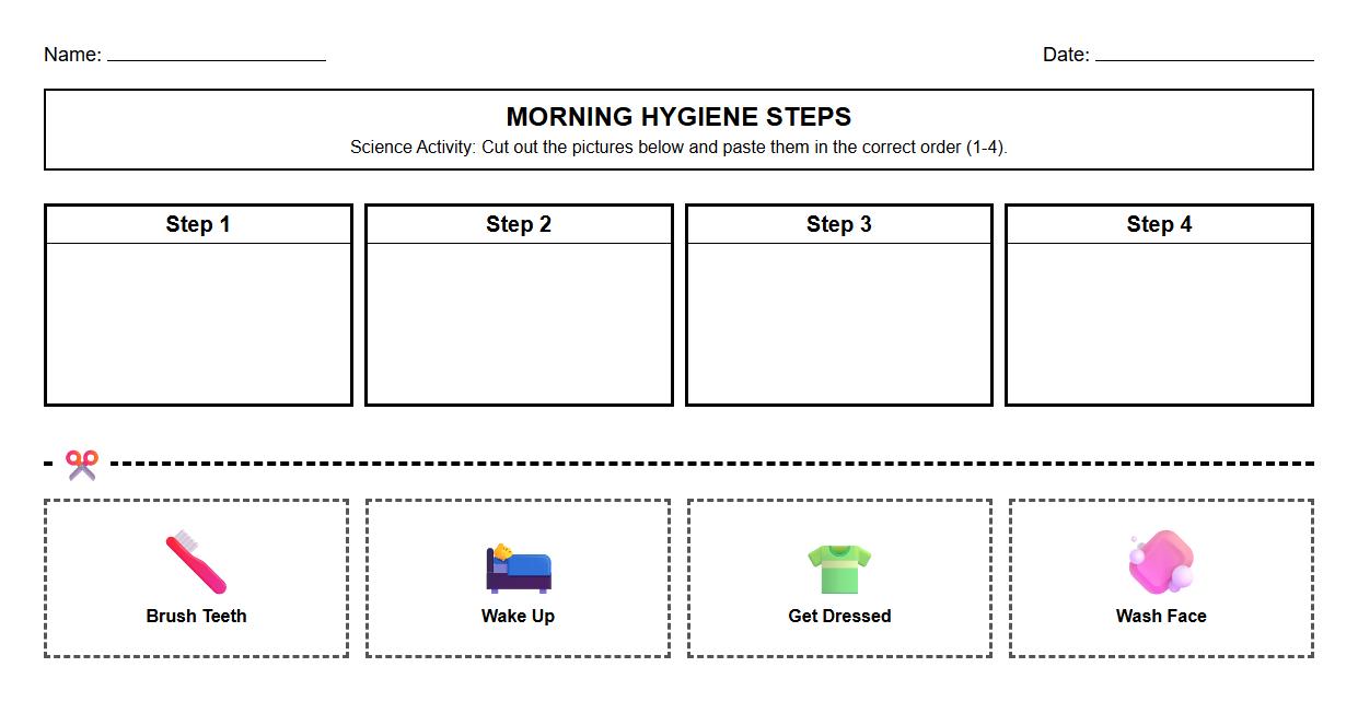 Morning Hygiene Steps Cut and Paste Worksheet