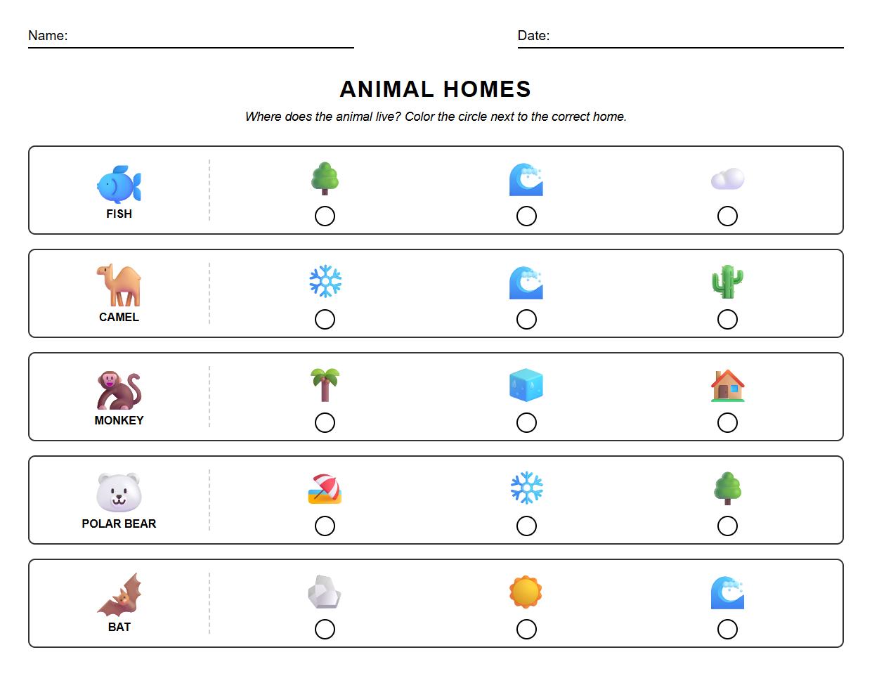 Multiple Choice Worksheet on Animal Environment