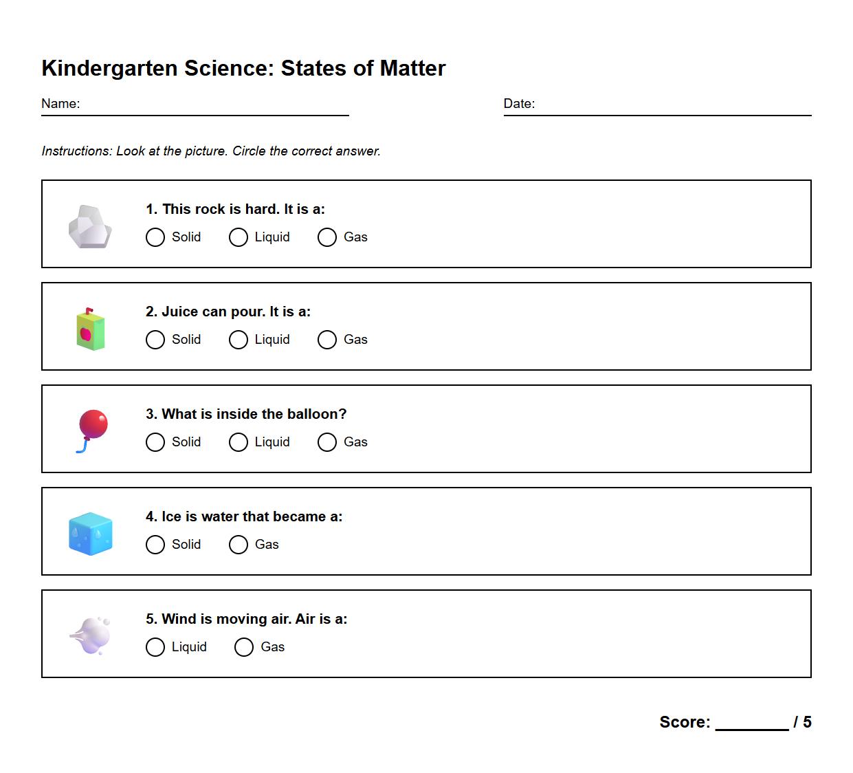 Multiple Choice Worksheet on Matter Vocabulary