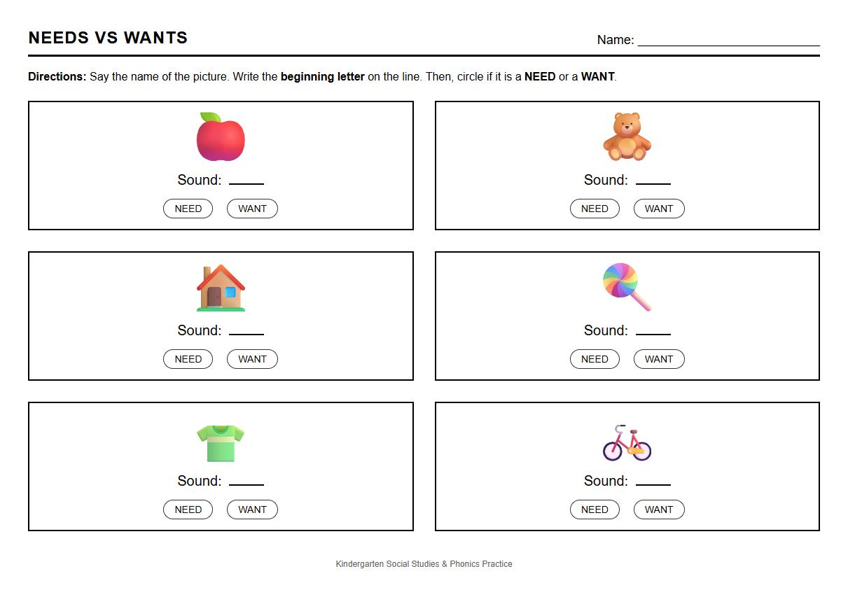 Needs vs Wants Beginning Sounds Phonics Worksheet