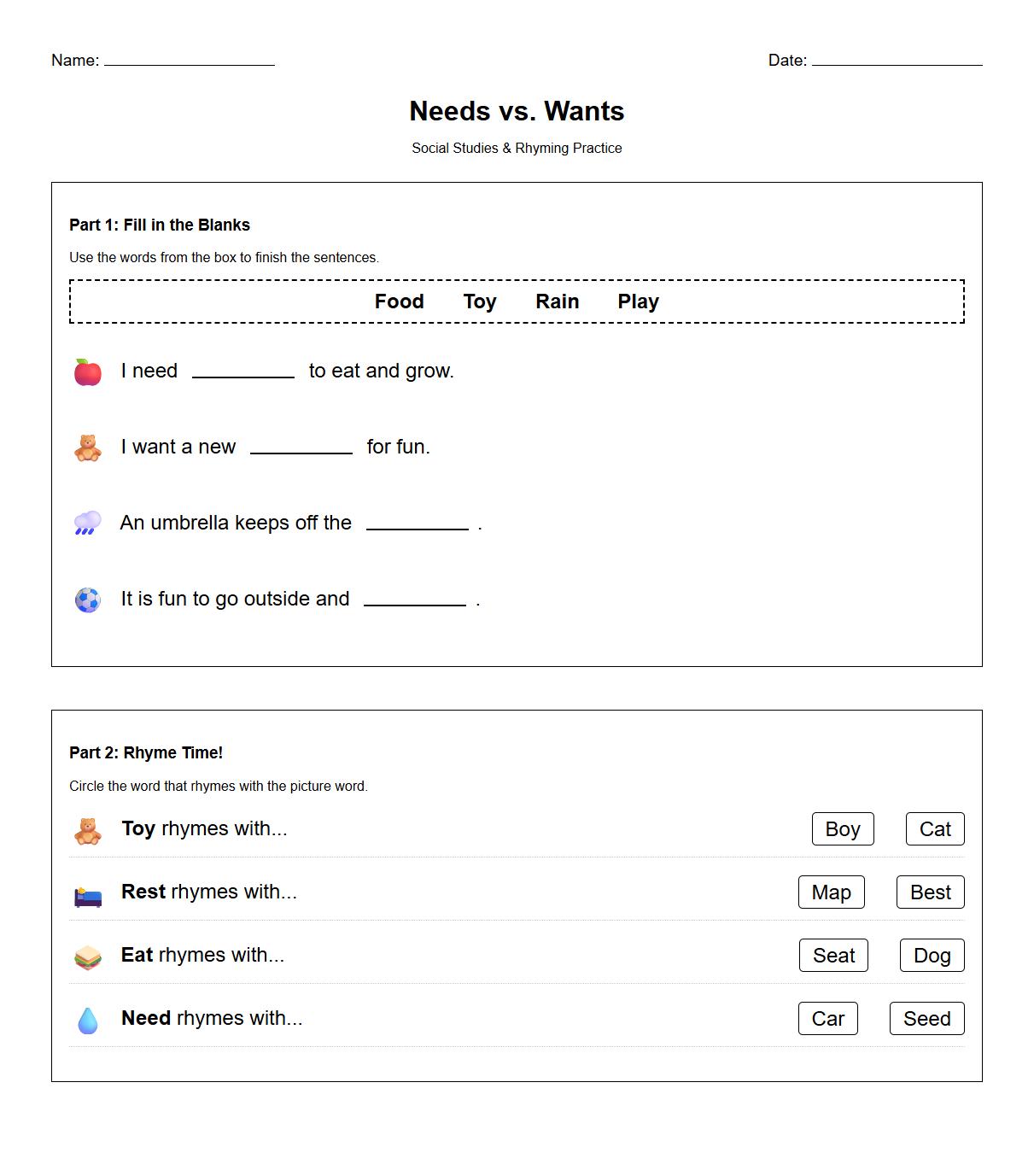 Needs vs Wants Cloze Passage with Rhyming Words Practice