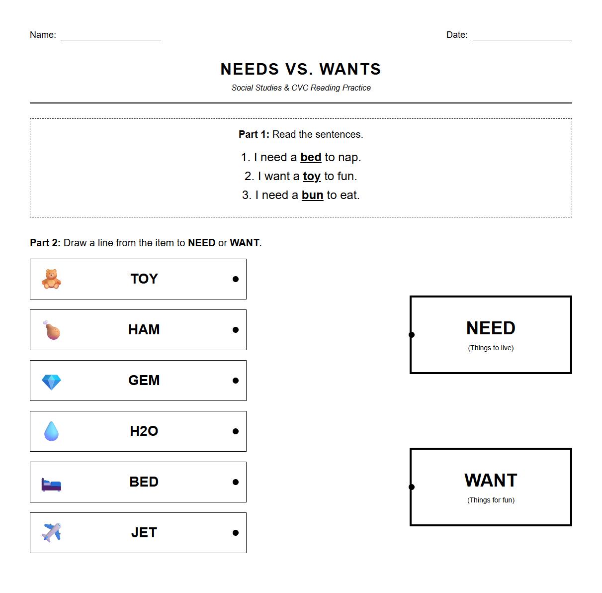 Needs vs Wants Matching with CVC Words Reading Exercise