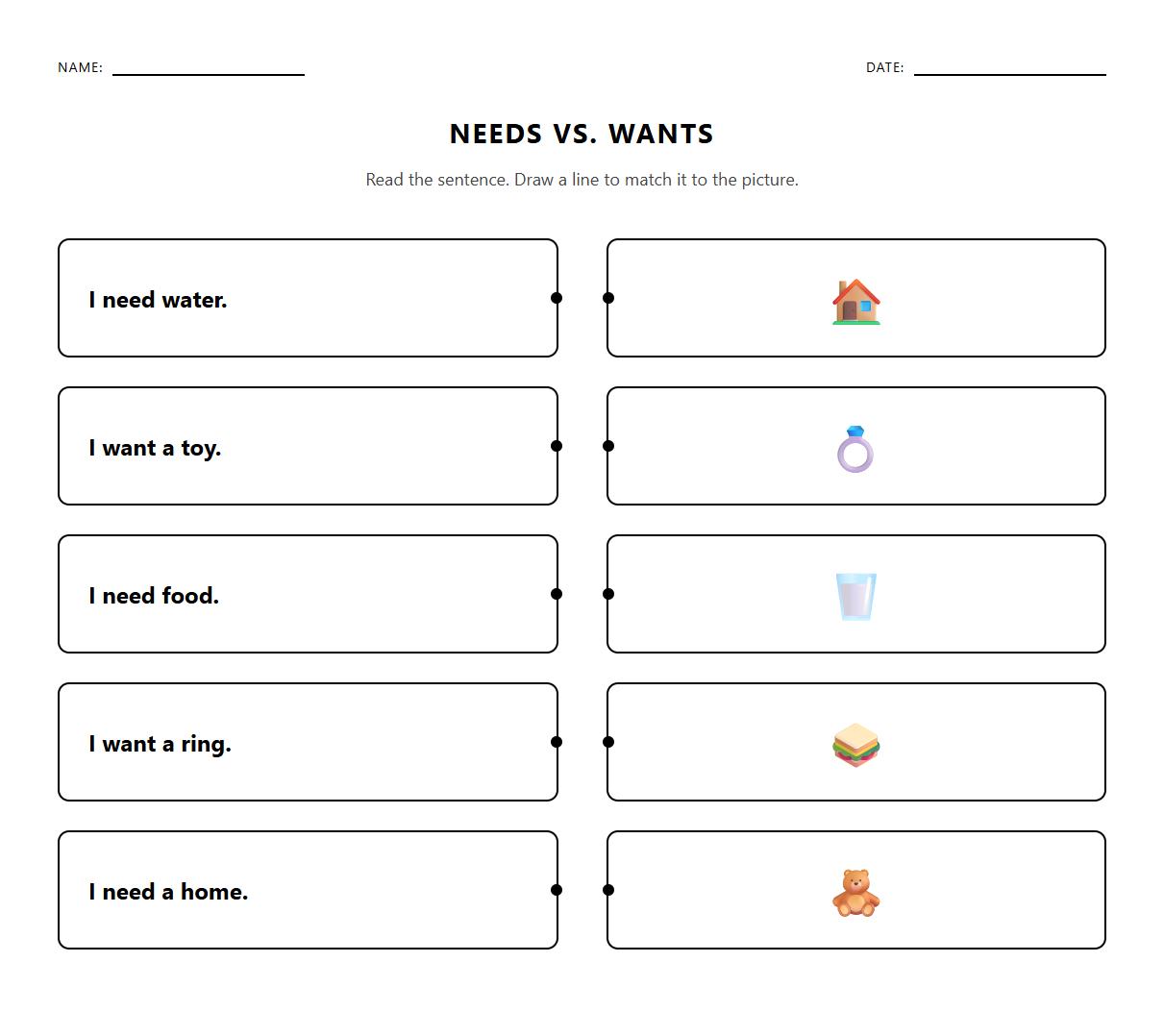 Needs vs Wants Sentence Matching Using Sight Words and Phonics