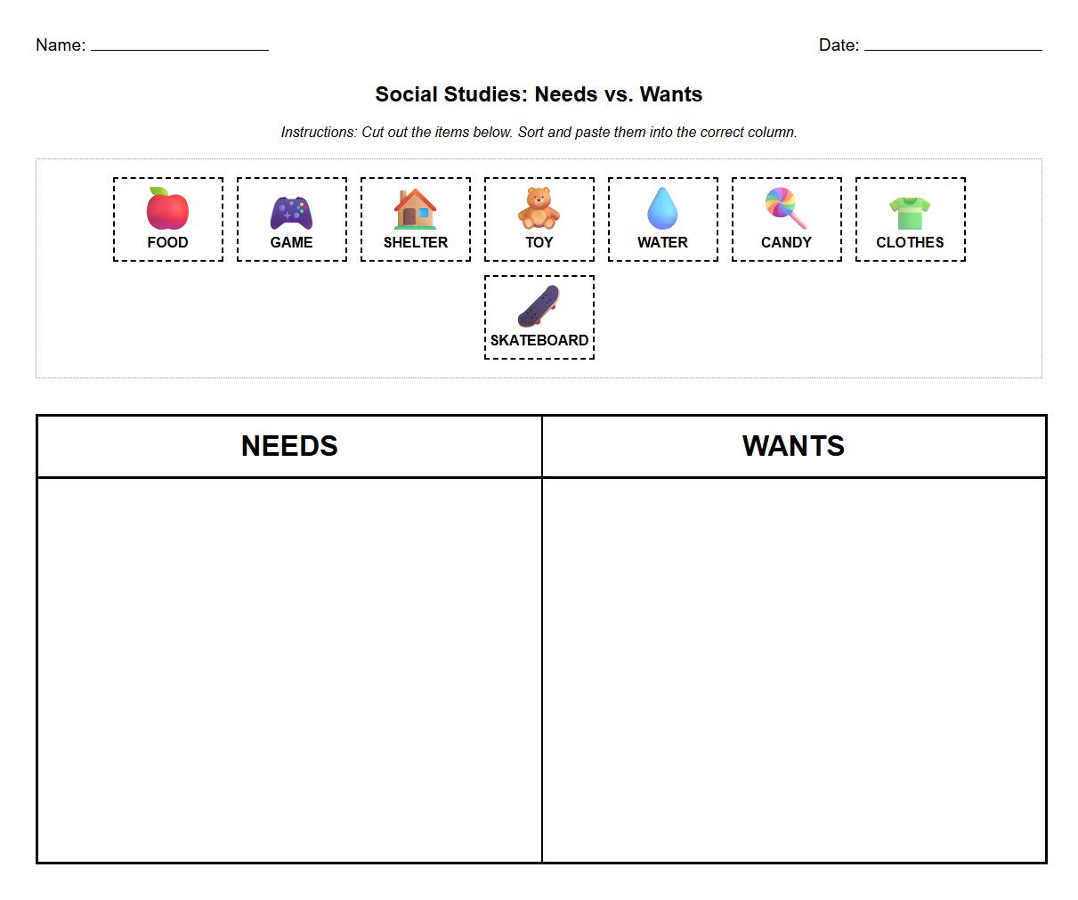 Needs and Wants Word Family Sorting Worksheet