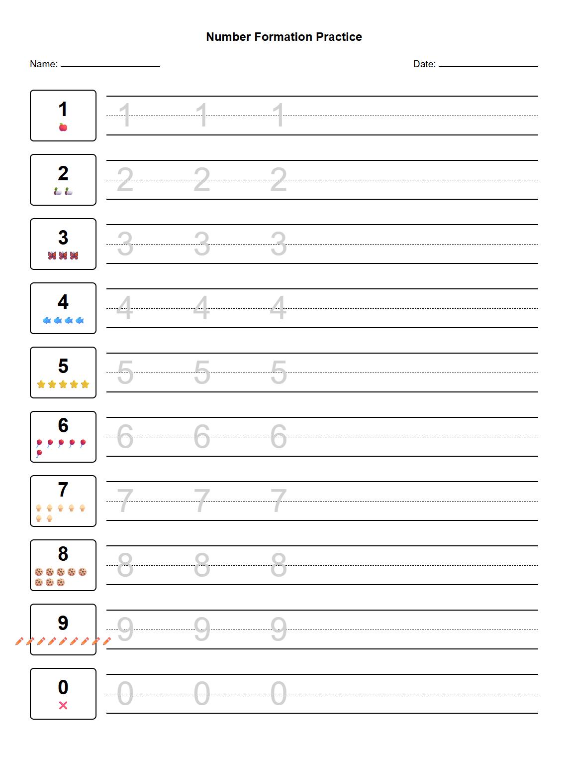 Number Formation Practice Worksheet with Guided Lines