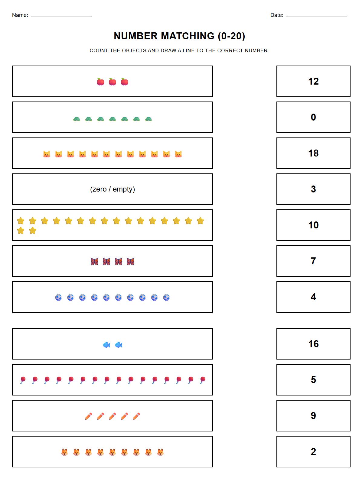 Number Matching with Picture Sets 0 to 20 Worksheet