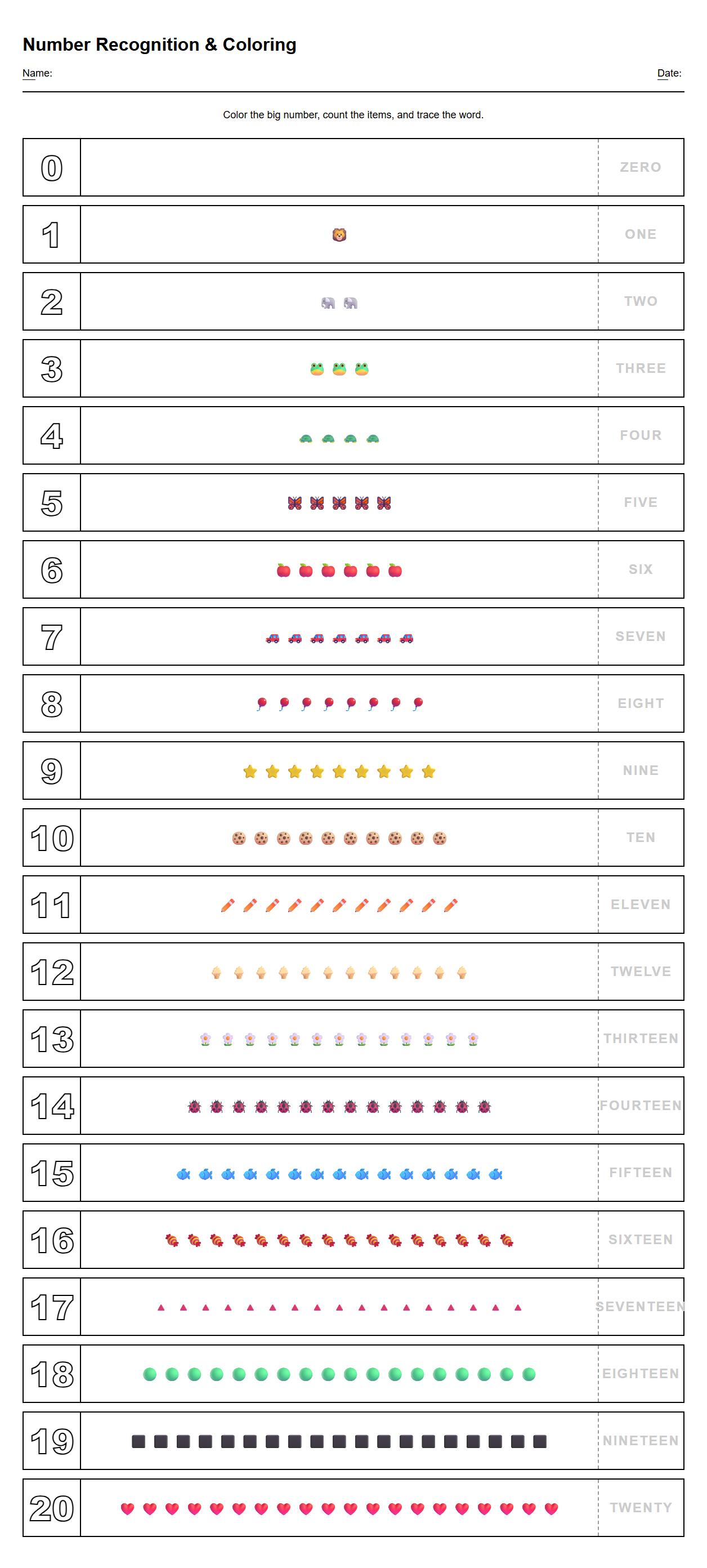 Number Recognition and Coloring 0 to 20 Worksheet