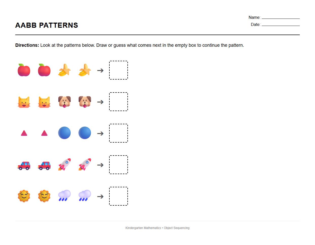 Object Sequencing AABB Pattern Identification Worksheet