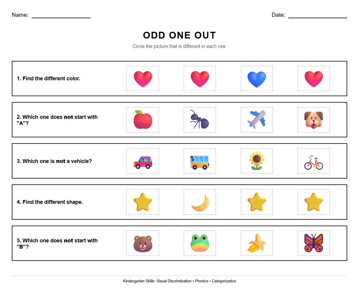 Odd-One-Out Visual Discrimination with Color and Phonics Cues