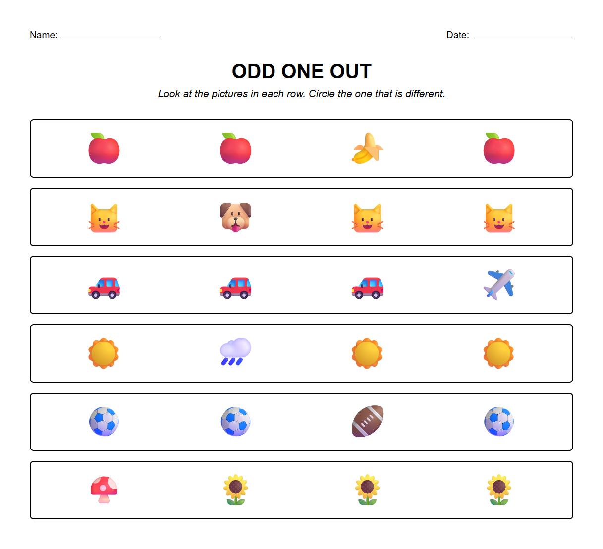 Odd One Out Visual Discrimination Worksheet